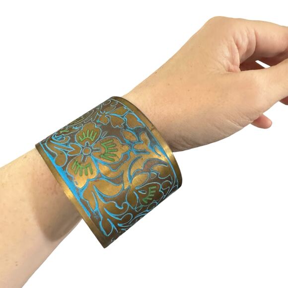 Artisan Gold Tone Floral Engraved Cuff Bracelet Boho Blue Green - Picture 2 of 5